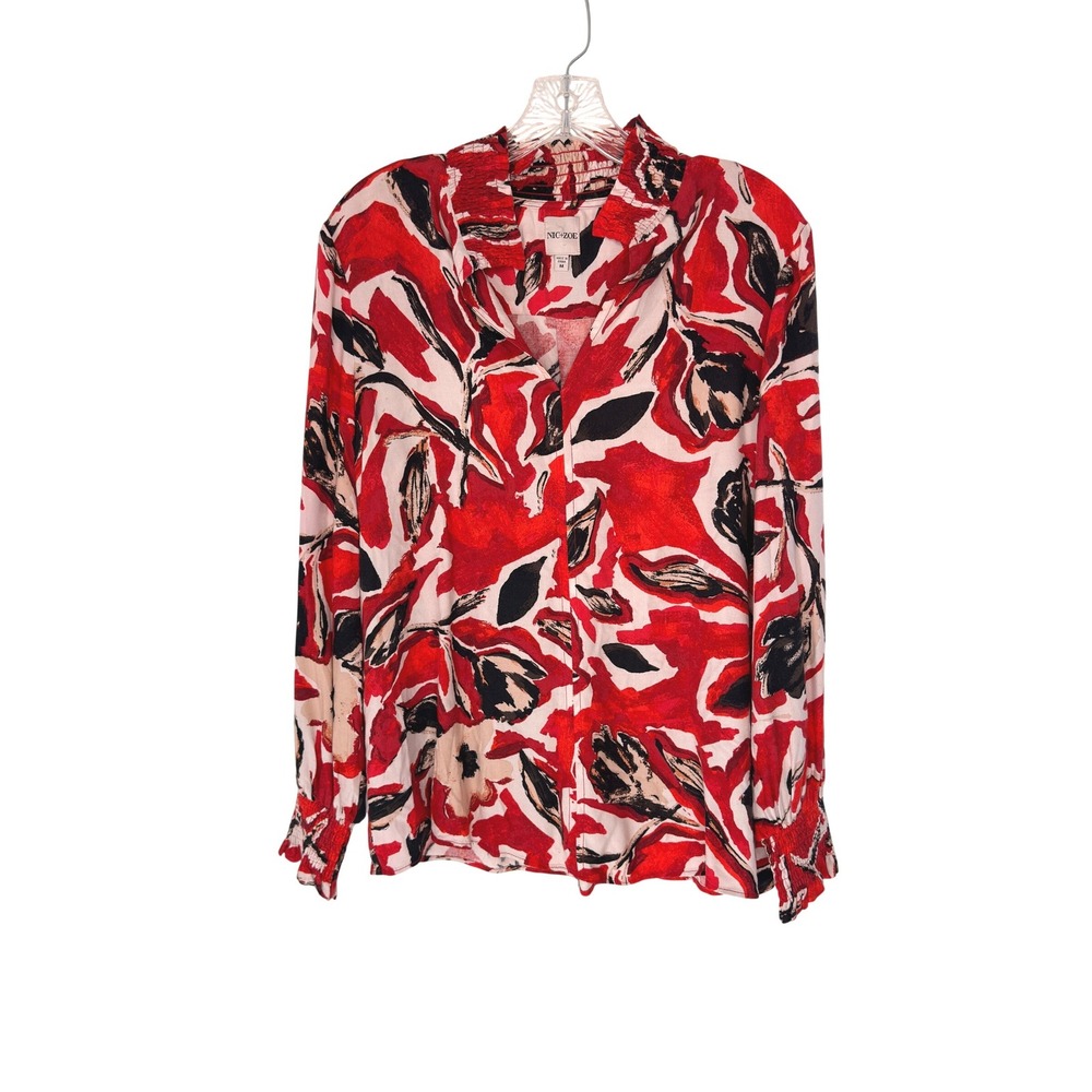 Nic+Zoe Blouse Red White Black Long Sleeve Mock Neck Work Office Career Medium